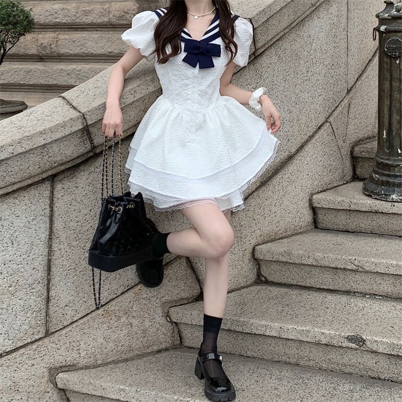 A-Line Short-Sleeve Sailor Dress Mini Collar