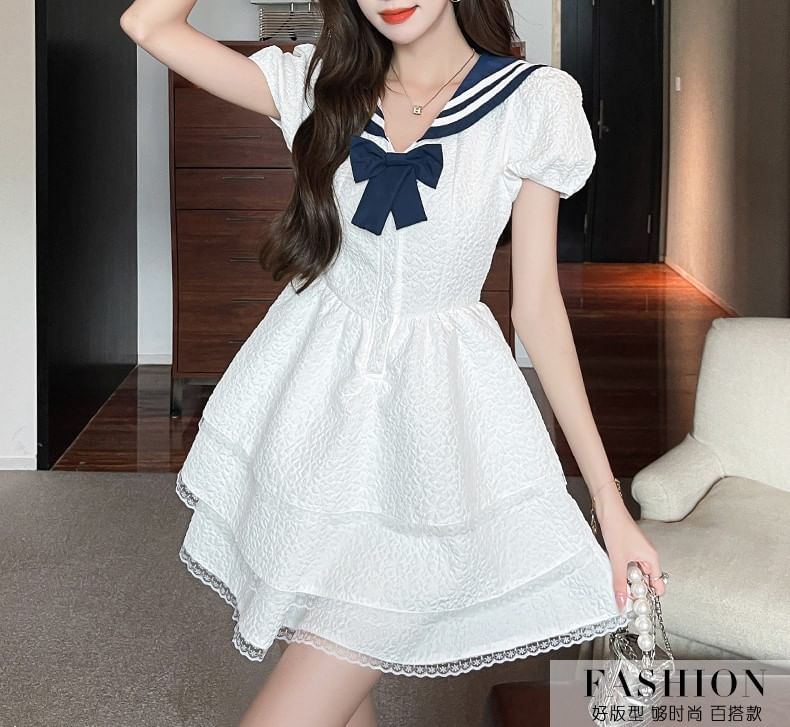 A-Line Short-Sleeve Sailor Dress Mini Collar