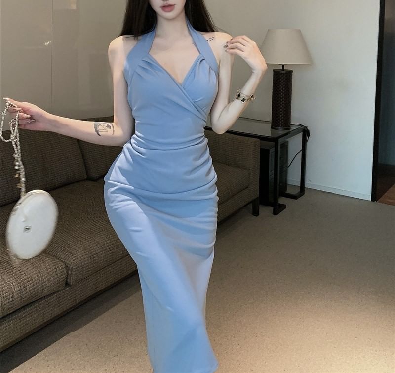 Neck Plain Sheath Dress Maxi Halter