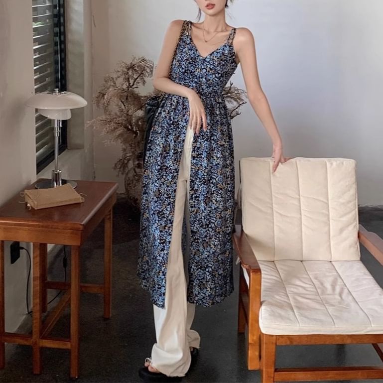 Dress Floral A-Line Sleeveless Print Midi V-Neck