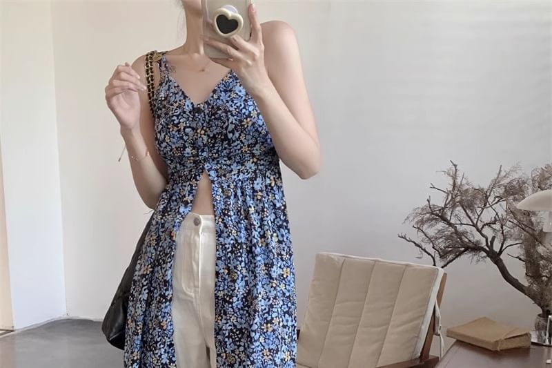 Dress Floral A-Line Sleeveless Print Midi V-Neck