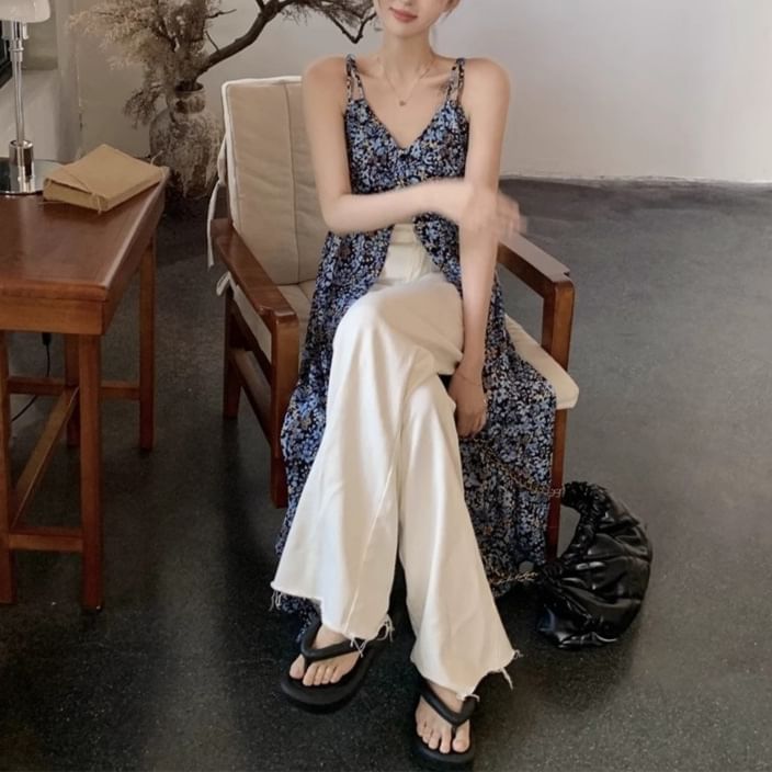 Dress Floral A-Line Sleeveless Print Midi V-Neck