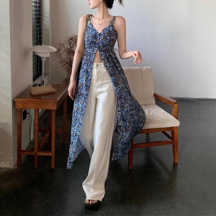 Dress Floral A-Line Sleeveless Print Midi V-Neck