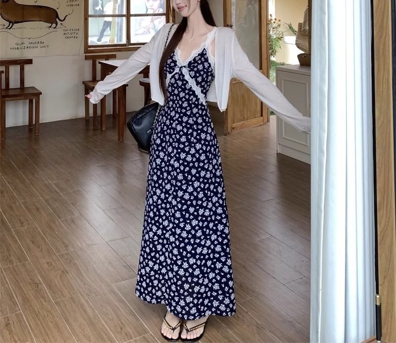 Cardigan Floral Maxi Dress Sleeveless / V-Neck A-Line Print