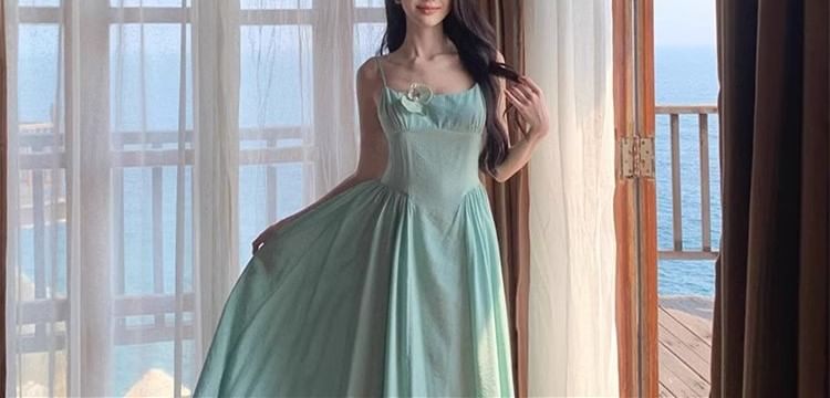 Floral Accent Strap Maxi Spaghetti Dress A-Line