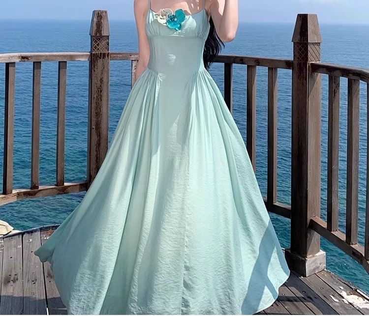 Floral Accent Strap Maxi Spaghetti Dress A-Line