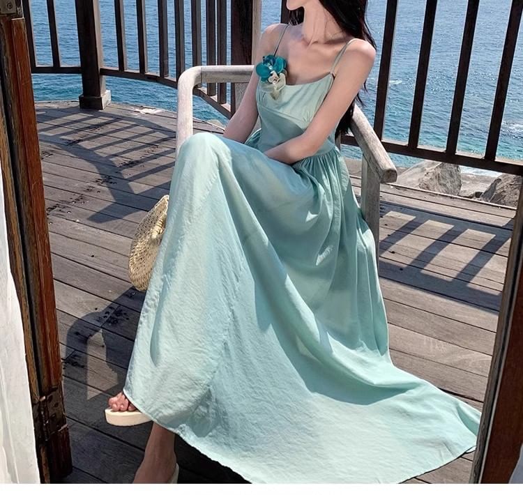 Floral Accent Strap Maxi Spaghetti Dress A-Line