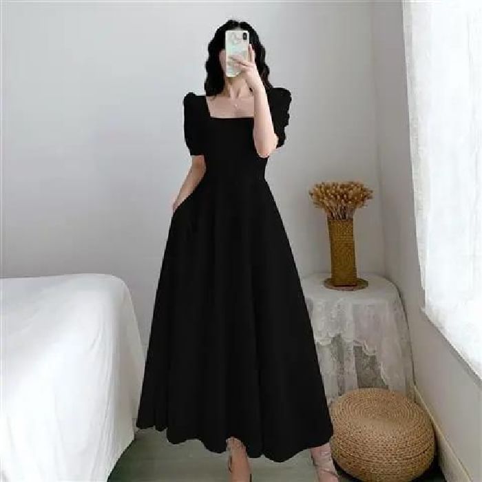 Dress A-Line Plain Short-Sleeve Neck Maxi Square