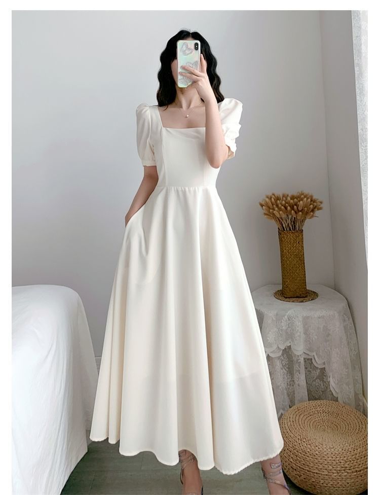 Dress A-Line Plain Short-Sleeve Neck Maxi Square