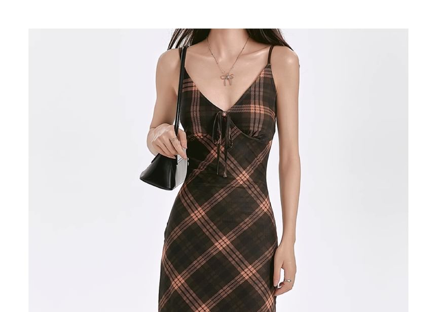 V-Neck Dress Strap Spaghetti Plaid Sheath Maxi
