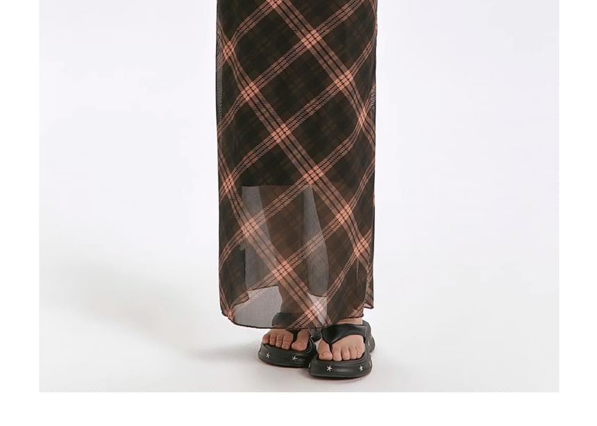 V-Neck Dress Strap Spaghetti Plaid Sheath Maxi