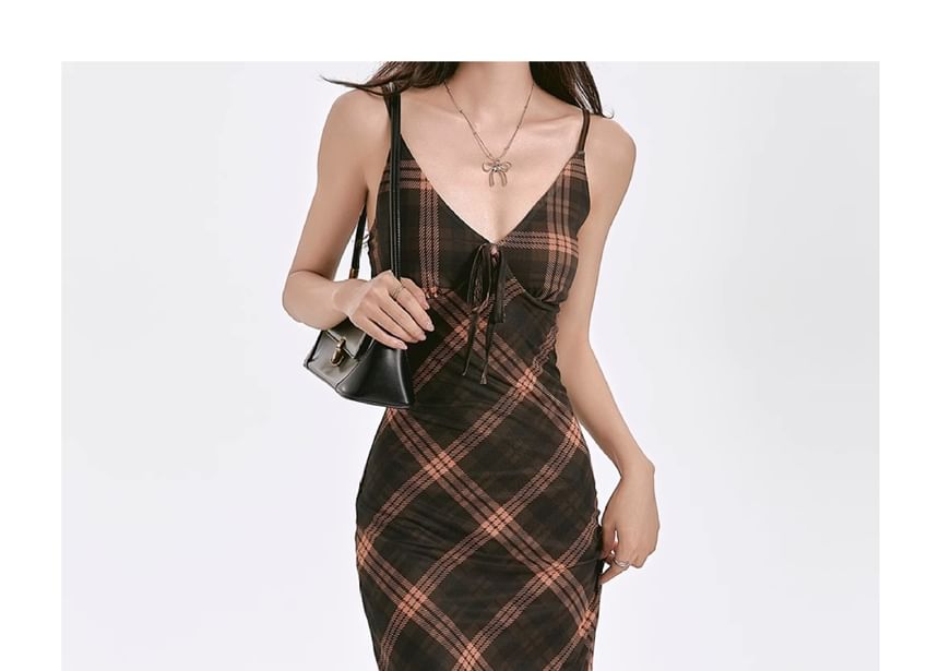 V-Neck Dress Strap Spaghetti Plaid Sheath Maxi