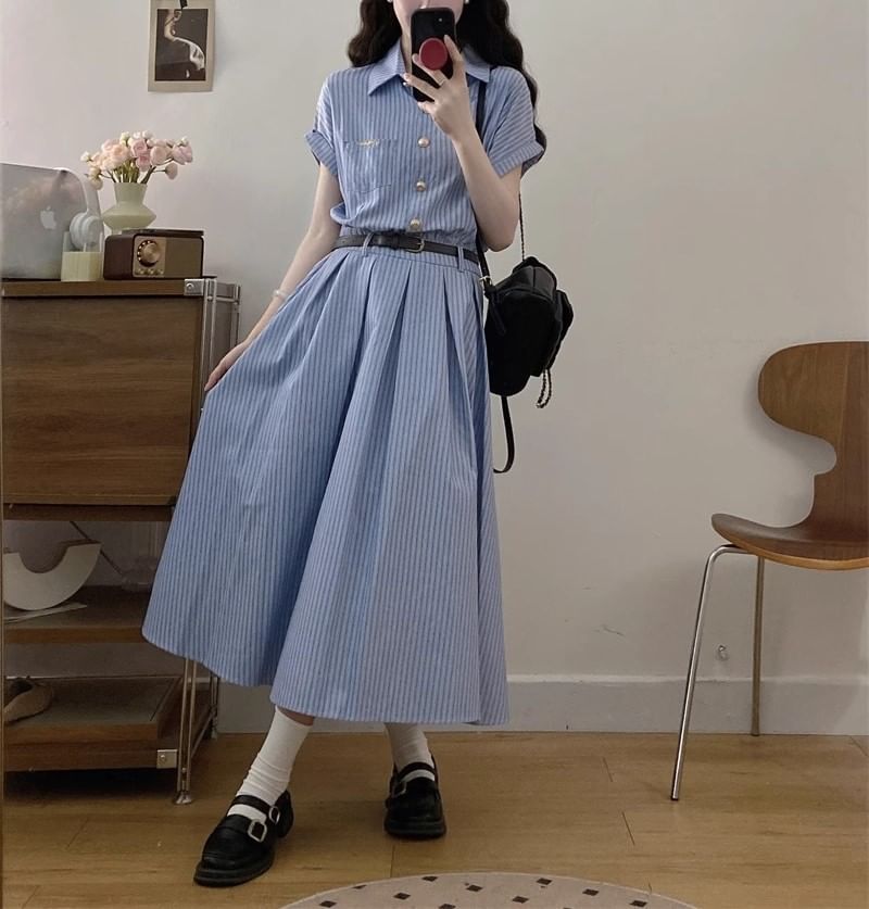 Maxi A-Line Short-Sleeve Shirt Dress Striped