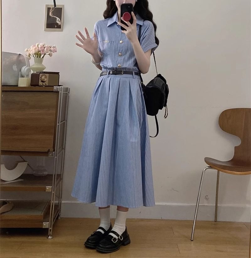 Maxi A-Line Short-Sleeve Shirt Dress Striped