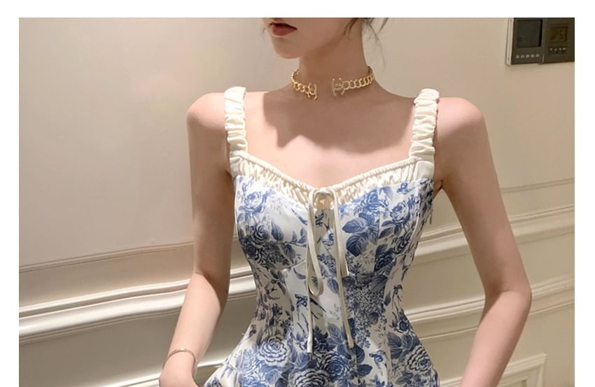 A-Line Sleeveless V-Neck Floral Dress Maxi Print