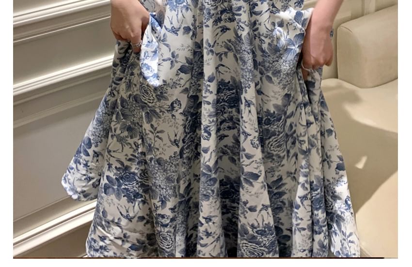 A-Line Sleeveless V-Neck Floral Dress Maxi Print