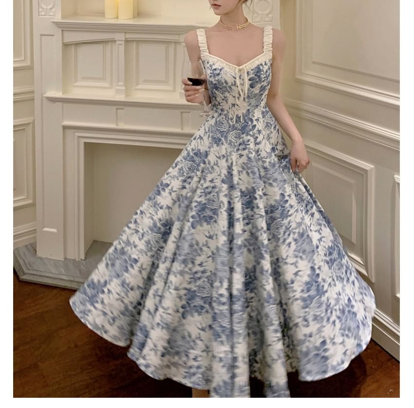 A-Line Sleeveless V-Neck Floral Dress Maxi Print