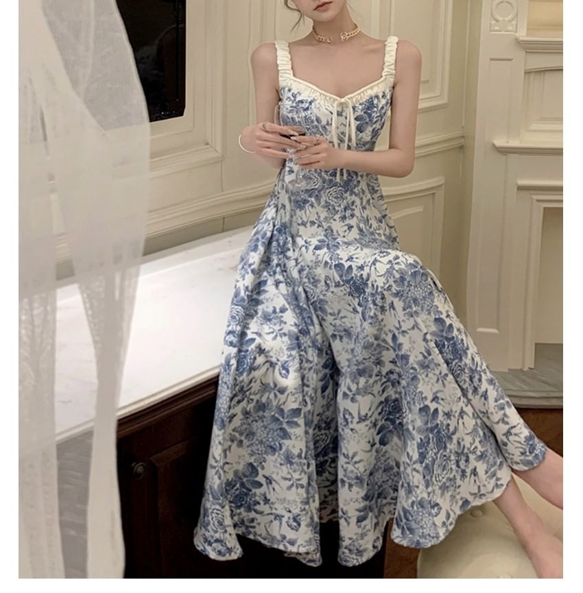 A-Line Sleeveless V-Neck Floral Dress Maxi Print