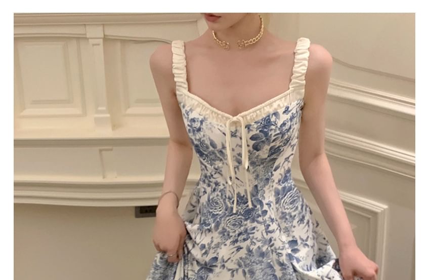 A-Line Sleeveless V-Neck Floral Dress Maxi Print