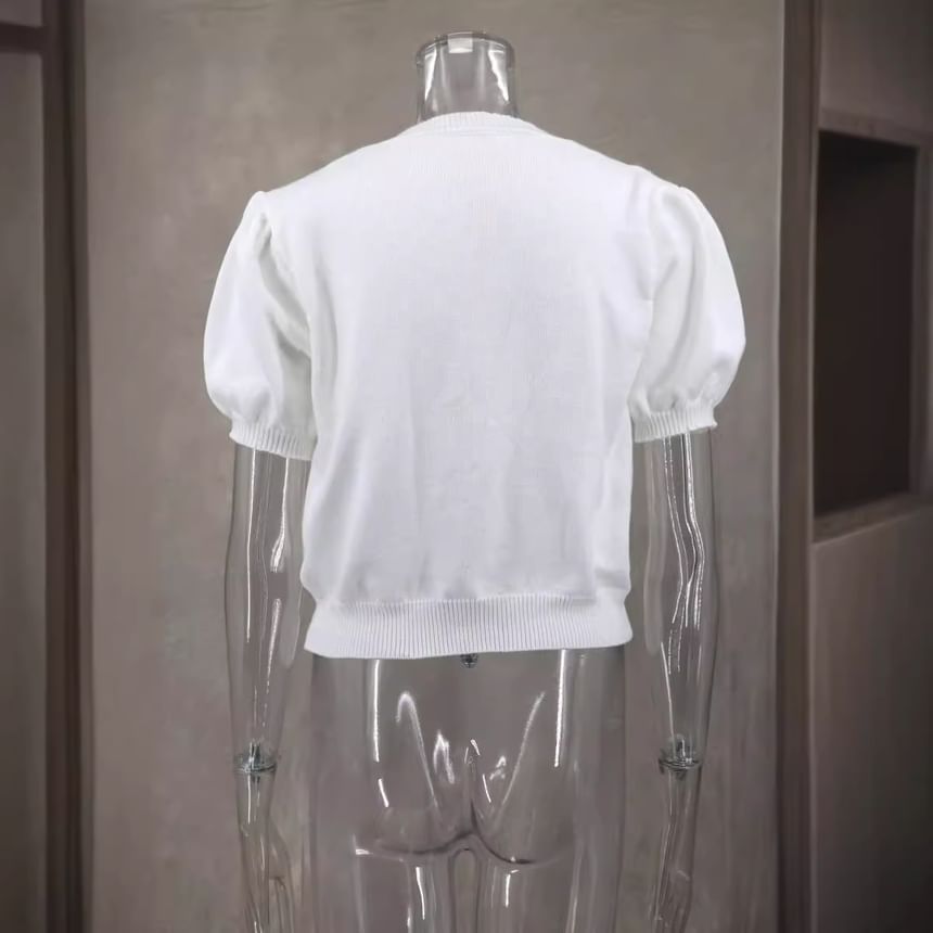 Crop Tone Top Knit V-Neck Puff-Sleeve Accent Bow Two