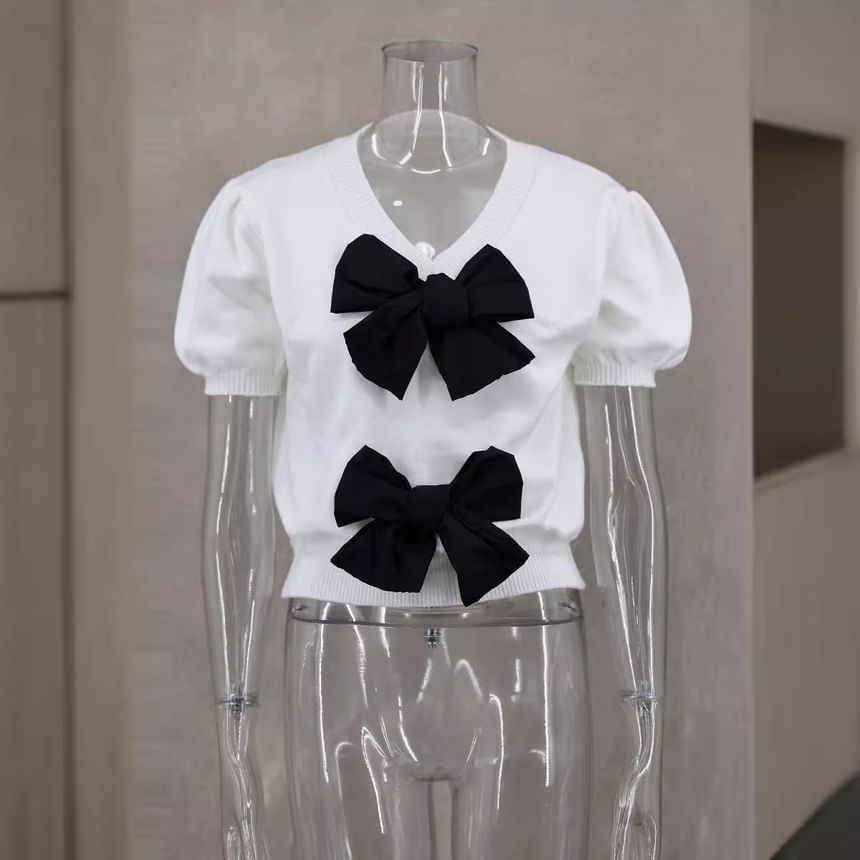 Crop Tone Top Knit V-Neck Puff-Sleeve Accent Bow Two