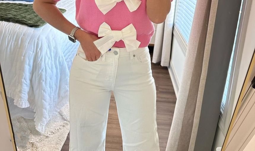 Crop Tone Top Knit V-Neck Puff-Sleeve Accent Bow Two