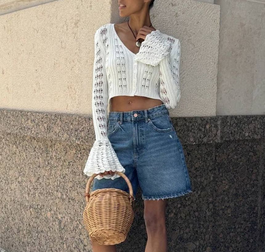 V-Neck Crop Cardigan Plain Perforated Flared-Cuff Button-Up