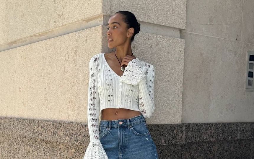 V-Neck Crop Cardigan Plain Perforated Flared-Cuff Button-Up