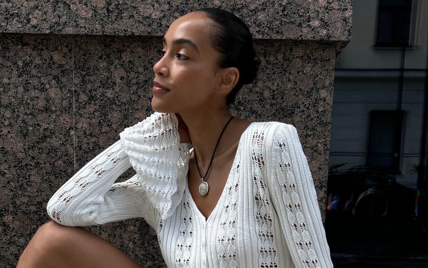 V-Neck Crop Cardigan Plain Perforated Flared-Cuff Button-Up