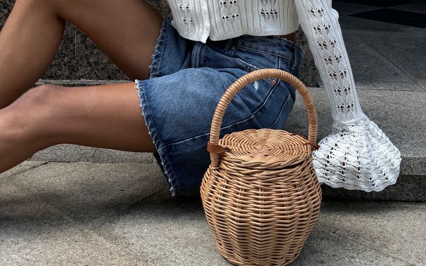 V-Neck Crop Cardigan Plain Perforated Flared-Cuff Button-Up