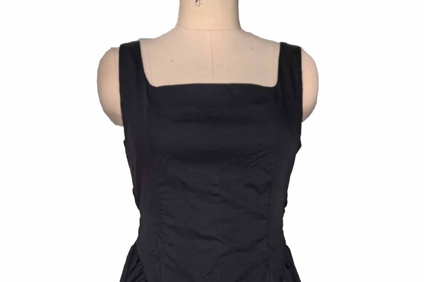 Waist Tie Square Plain A-Line Dress Sleeveless Open Back Mini Neck