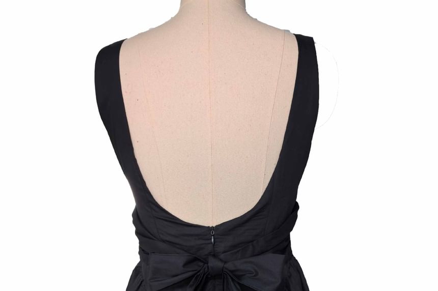 Waist Tie Square Plain A-Line Dress Sleeveless Open Back Mini Neck