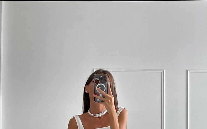 Waist Tie Square Plain A-Line Dress Sleeveless Open Back Mini Neck