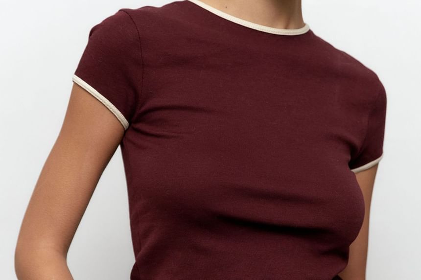 Contrast Neck Crop Trim Crew Slim Tee Fit Short-Sleeve