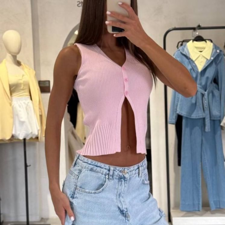 Crop Button-Up Plain V-Neck Slit Vest Sweater