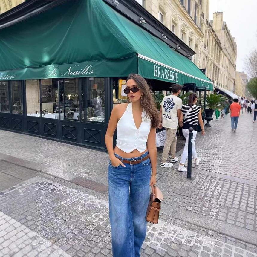 Vest Accent Halter Plain Crop Flower Back V-Neck Open Single-Breasted