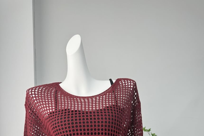 Round Perforated Knit Plain Neck Top Long-Sleeve