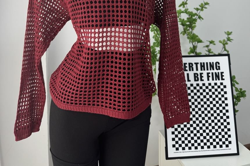 Round Perforated Knit Plain Neck Top Long-Sleeve
