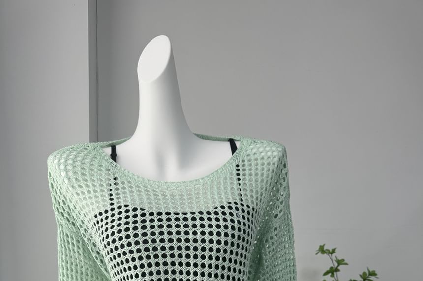 Round Perforated Knit Plain Neck Top Long-Sleeve