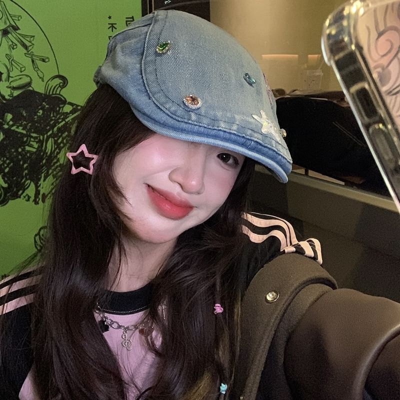 Denim Flat Embellished Cap