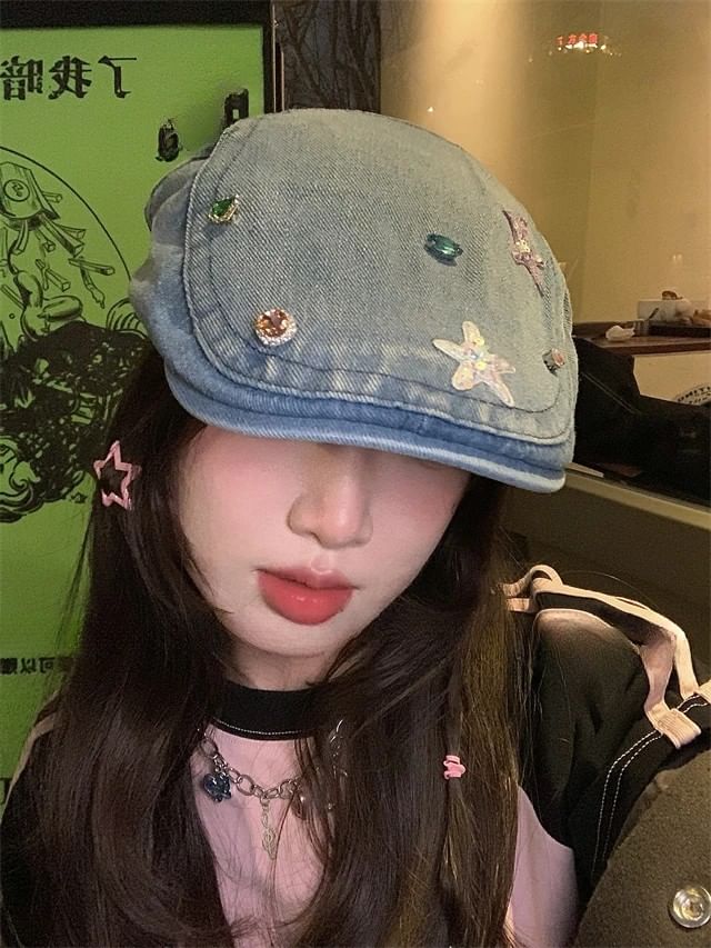 Denim Flat Embellished Cap