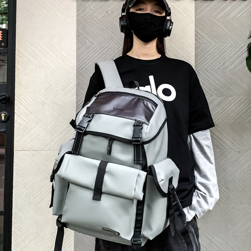 Lettering Backpack Faux Leather Buckled