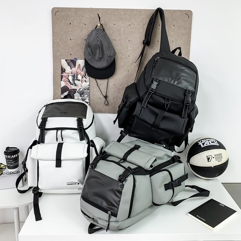 Lettering Backpack Faux Leather Buckled