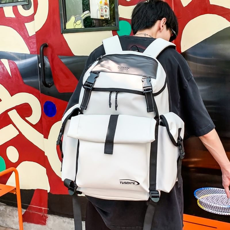 Lettering Backpack Faux Leather Buckled