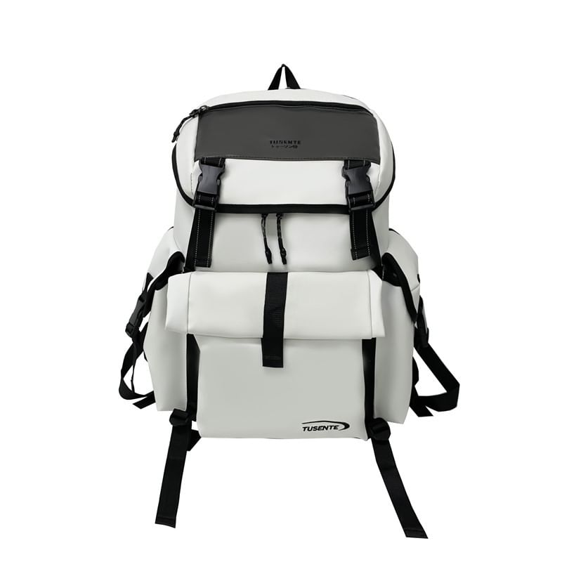 Lettering Backpack Faux Leather Buckled