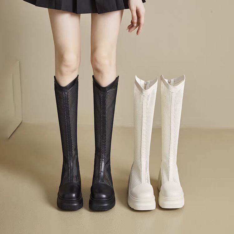 Tall Boots Platform Heel Plain Block Mesh