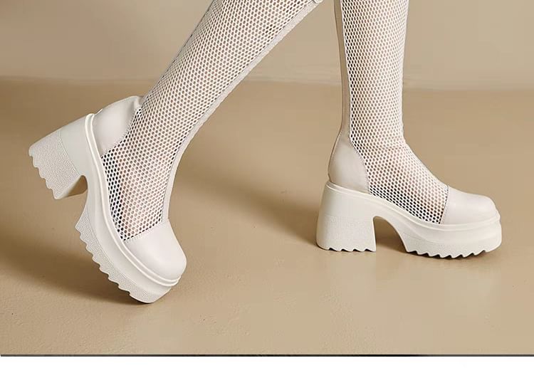 Tall Boots Platform Heel Plain Block Mesh