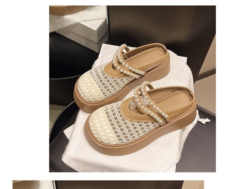 Platform Detail Mesh Faux Mules Pearl
