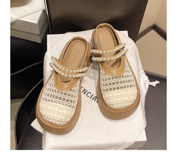 Platform Detail Mesh Faux Mules Pearl