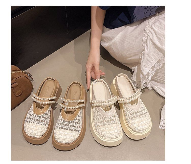 Platform Detail Mesh Faux Mules Pearl